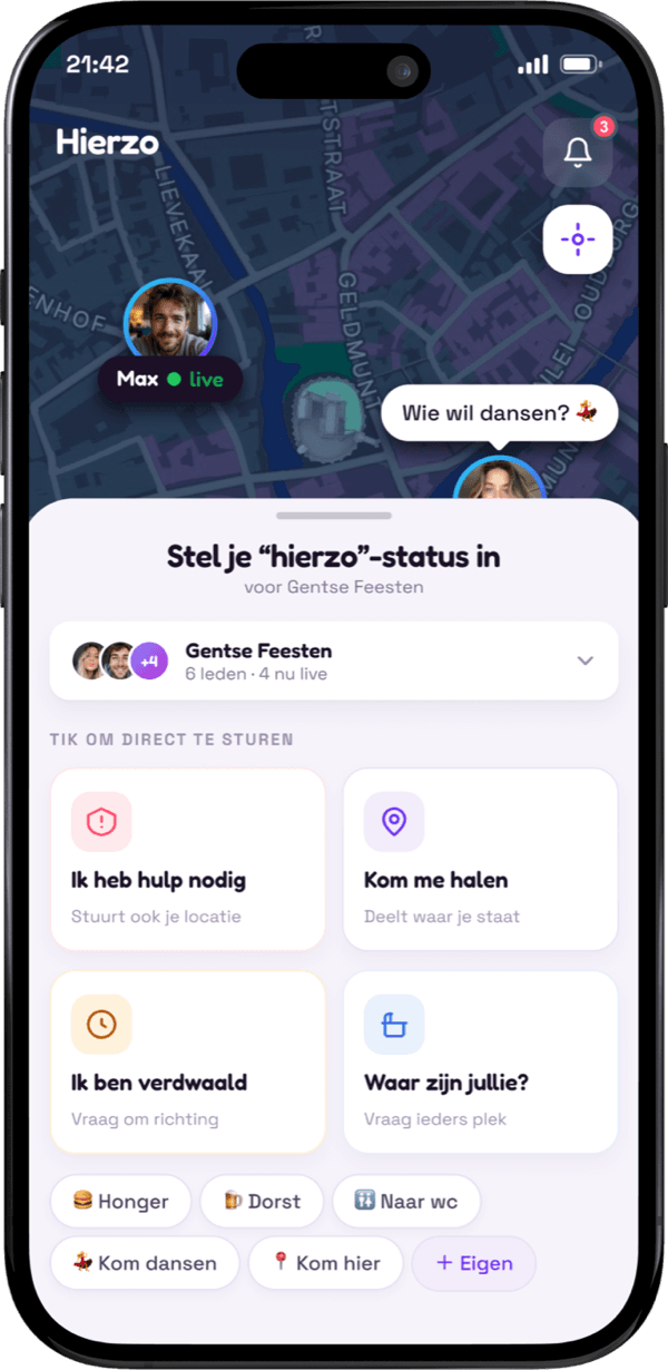 Statusmenu van Hierzo met snelle berichten zoals kom dansen of ik heb hulp nodig